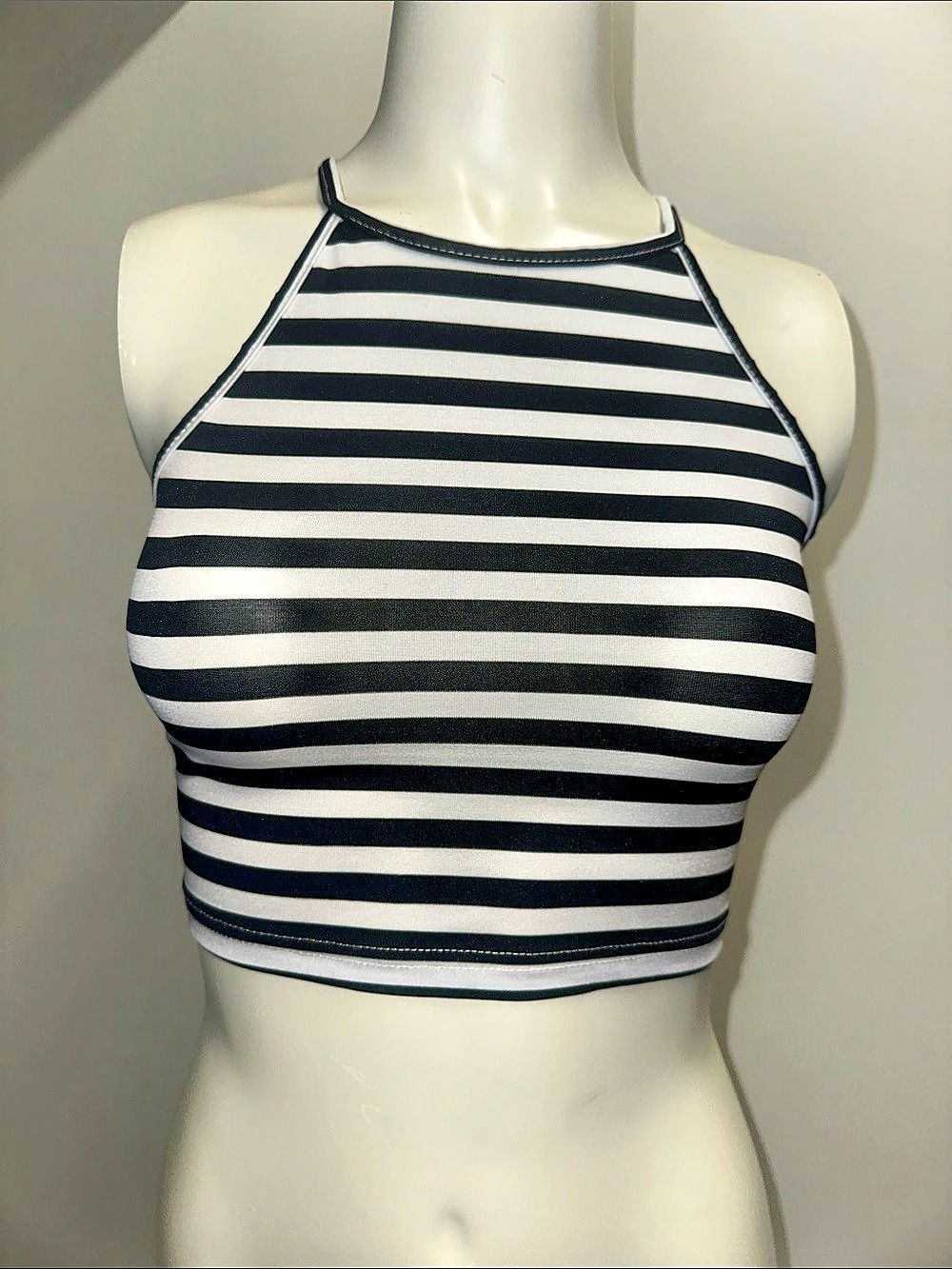 SHEIN BASICS Striped Print Crop Halter Top Black & White XS